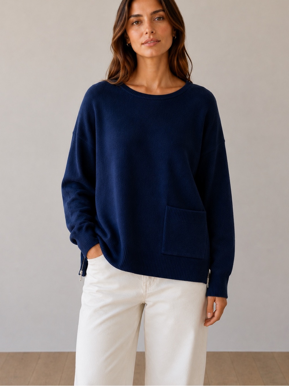 Repeat Easy Knit 100% Merino Wool Sweater S Oversized Navy Side Zip Pocket